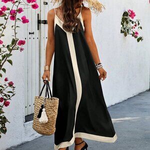 Black Casual Women's Colorblock Spaghetti Strap Dress